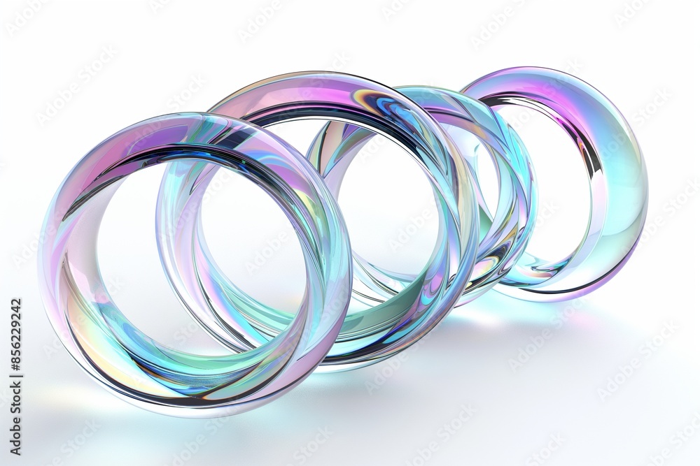 Poster 3d rendering of a set of iridescent glass rings floating in space on a white background, highlightin