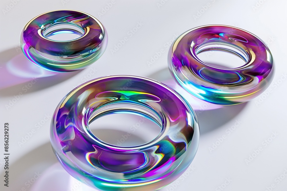 Poster 3d rendering of a set of iridescent glass rings floating in space on a white background, highlightin