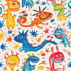 Obraz premium Pattern of funny colorful dinosaurs in the style of a children's drawing on a white background. Printing on fabric, paper, packaging. Wallpaper, children's clothing, bed linen, children's room decor.