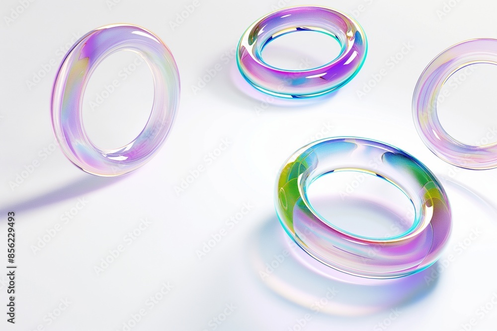 Poster 3d rendering of a set of iridescent glass rings floating in space on a white background, highlightin