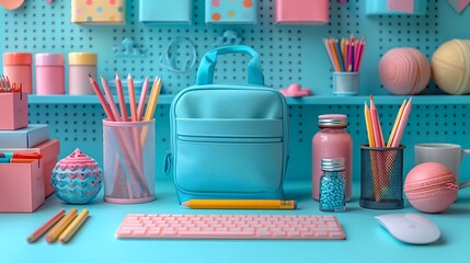 A neatly organized desk with pastel-colored stationery, including notebooks, pens, and decorative items. The background features a pegboard with additional supplies, reflecting a creative and colorful