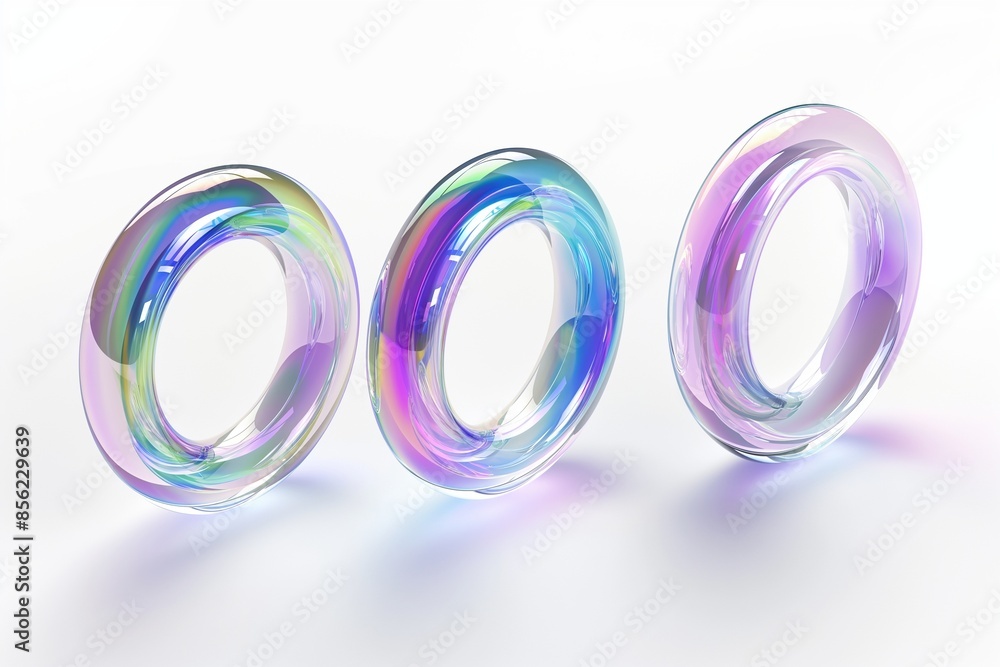 Poster 3d rendering of a set of iridescent glass rings floating in space on a white background, highlightin