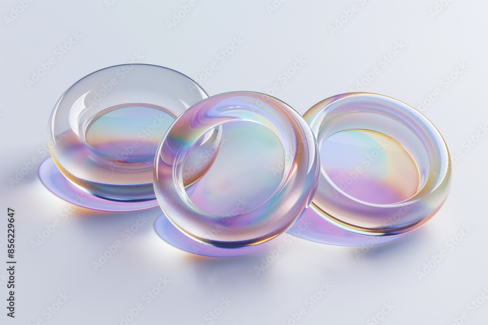 Aufkleber 3d rendering of a set of iridescent glass rings floating in space on a white background, highlightin