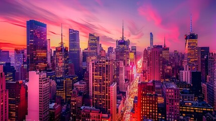 A bustling view of Times Square in the evening, filled with people and illuminated by the iconic bright billboards and advertisements. The sky is painted with soft hues of pink and purple, enhancing t