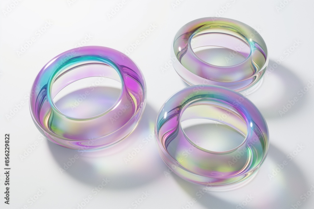 Aufkleber 3d rendering of a set of iridescent glass rings floating in space on a white background, highlightin