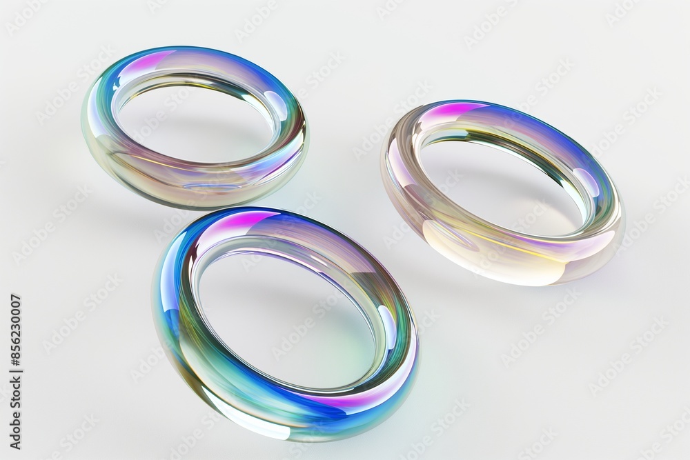 Fototapete 3d rendering of a set of iridescent glass rings floating in space on a white background, highlightin