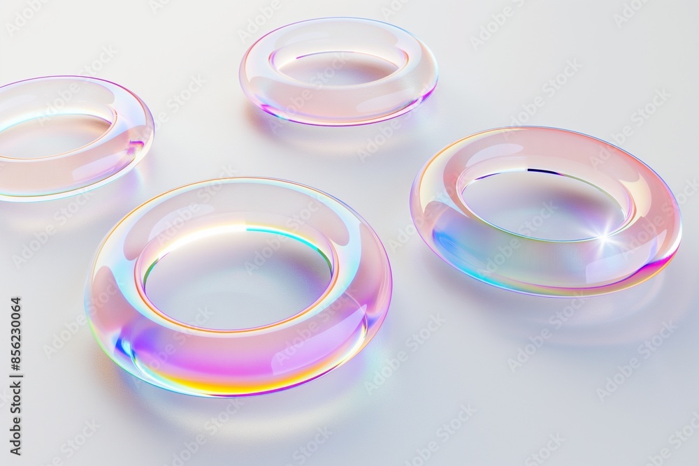 Poster 3d rendering of a set of iridescent glass rings floating in space on a white background, highlightin
