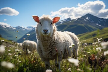 Lonely sheep grazing in the green field surrounded by colorful flowers., generative IA