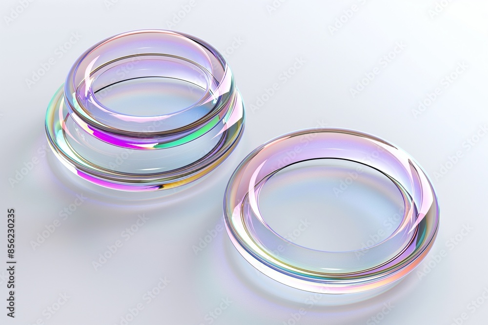 Aufkleber 3d rendering of a set of iridescent glass rings floating in space on a white background, highlightin