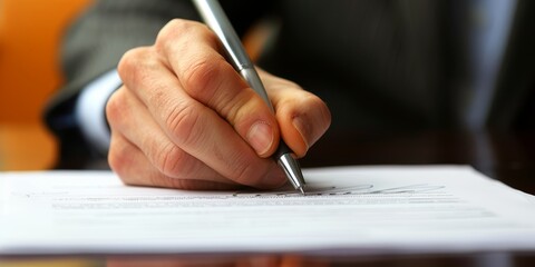 Detailed image of a hand signing important paperwork
