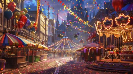 Obraz premium A lively street fair filled with colorful stalls and merry-go-round, encased in a border of confetti and balloons.