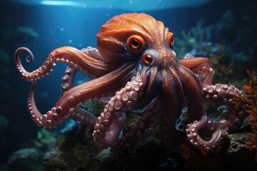 Lone octopus emerges in the depths, their shining tentacles dancing between lush corals., generative IA