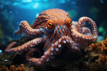 Lone octopus emerges in the depths, their shining tentacles dancing between lush corals., generative IA