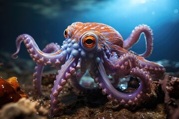 Octopus dancing between colored corals at the bottom of the ocean., generative IA