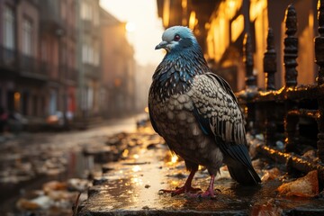 Lone Pigeon in Nostalgic Street Scenario., generative IA