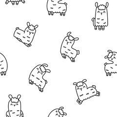 Cute kawaii llama or alpaca. Seamless pattern. Coloring Page. Animals cartoon character. Hand drawn style. Vector drawing. Design ornaments.