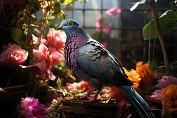 Iridescent pigeon with shaded garden ticket., generative IA