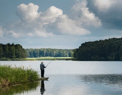 Wędkarz łowiący ryby w jeziorze