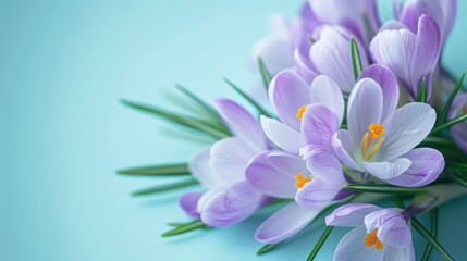 Naklejka premium Tender violet crocus flowers in pastel hues on light blue backdrop with selective focus evoking spring