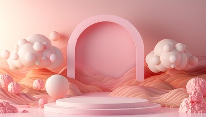 Fototapeta premium Abstract Pink Dreamscape with Arch and Clouds - Surreal 3D Rendered Fantasy Landscape