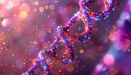Vibrant and Colorful DNA Strand with Sparkling Lights and Bokeh Background in Purple and Pink Tones