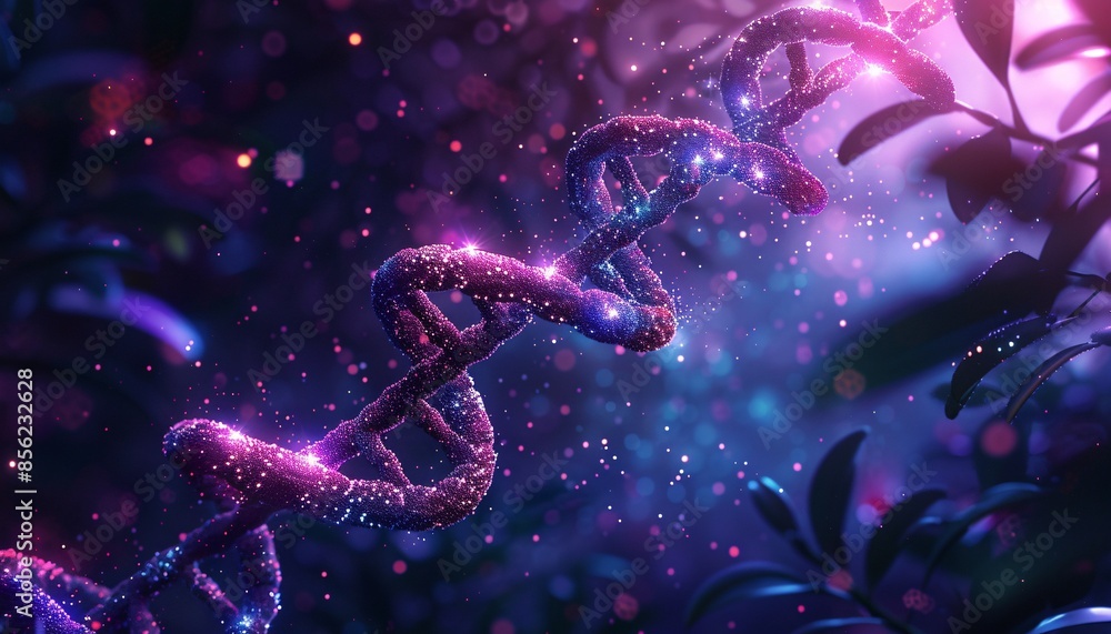 Aufkleber abstract representation of dna helix with glowing particles in a mystical, bioluminescent environmen