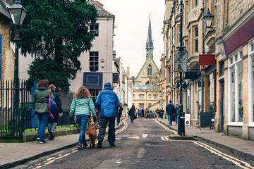 People walking with a dog on a charming historic street lined with buildings and trees. Serene...