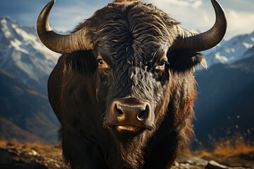 Naklejka premium Powerful black bull in a sunshine mountainous scenario., generative IA