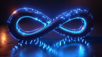Futuristic Infinity Symbol with Glowing Blue Lights on Dark Background Representing Technology and Endless Possibilities