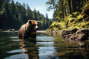 Majestic pardo bear by the river in dense forest., generative IA