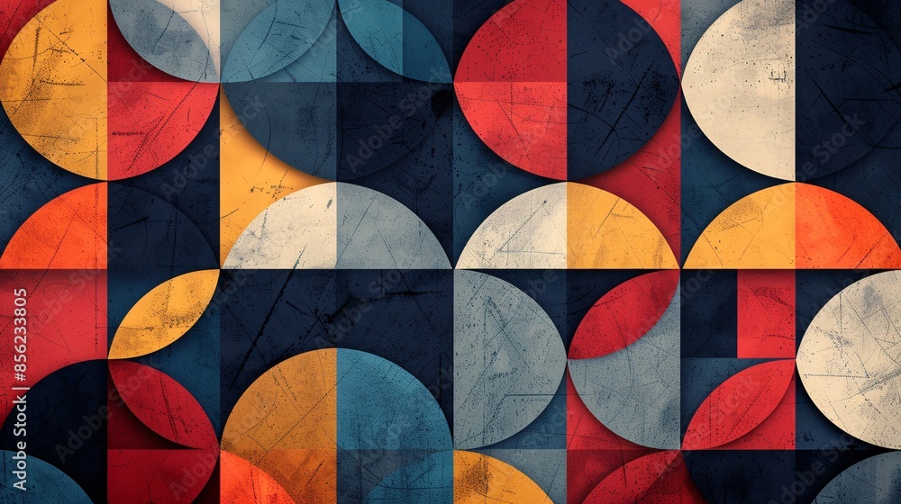 Poster abstract geometric pattern with vibrant colors and textured circles and squares