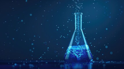 Luminous liquid in laboratory beaker on dark blue background text space
