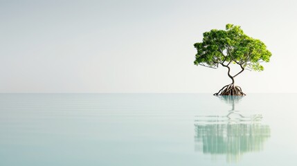 Mangrove trees with twisted roots in a serene lagoon, crystal clear water reflecting the lush green foliage, white background to highlight the natural beauty