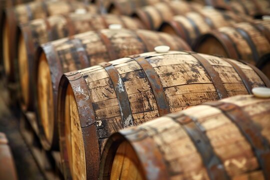 Many wooden barrels in the cellar. Wine, beer, burbon, whiskey. Ai generative