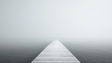 Minimalist depiction of a fishing pier, extending into the distance, on a clean white background, with clear visibility of fishing gear and wooden textures in HD