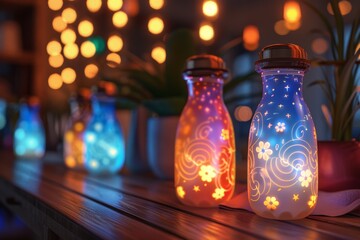 Future-Proof Glass Anti-Colic Baby Milk Bottles with Glowing Patterns | 3D Render 2024