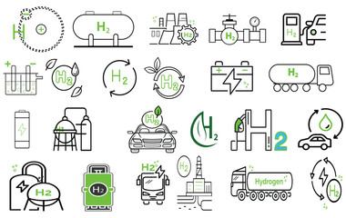 Green hydrogen fuel production icons set. water electrolysis, fuel tank, pipeline, hydrogen transport, hydrogen atom, solar energy, gas station.