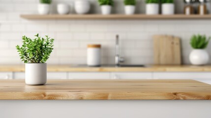 Modern kitchen interior with a wooden countertop, blurred background highlighting the light, open space, clean and contemporary, perfect for product or food display