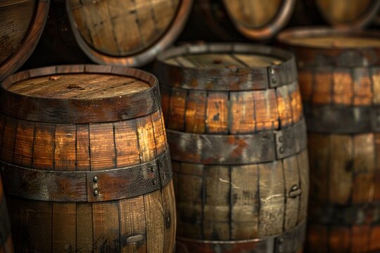 Many wooden barrels in the cellar. Wine, beer, burbon, whiskey. Ai generative