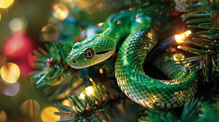Obraz premium green snake coiled among the branches of a Christmas tree, illuminated by festive lights with a colorful bokeh background