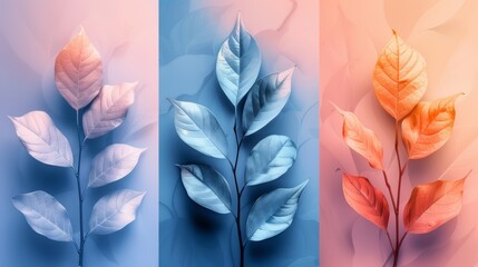 Three abstract images of leaves in different color palettes: pink, blue and orange. Minimalist nature background.
