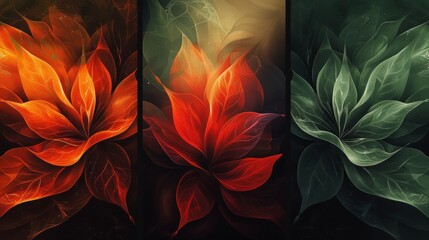 Abstract art triptych with vibrant red and green tones featuring stylized floral shapes.