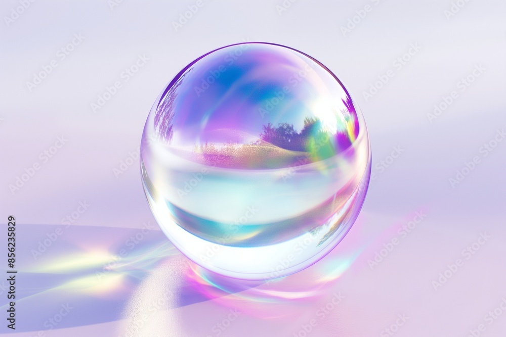 Poster 3d rendering of an iridescent glass sphere floating on a pristine white background, showcasing shimm