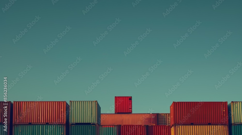 Poster a large stack of shipping containers with a red airplane in the sky, ai