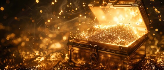 Golden light reflecting off a treasure chest, symbolizing business investment and wealth, dark elegant background