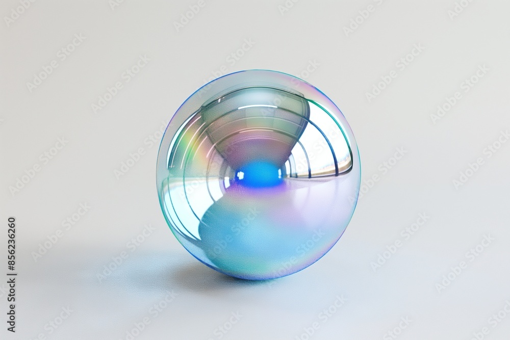 Poster 3d rendering of an iridescent glass sphere floating on a pristine white background, showcasing shimm