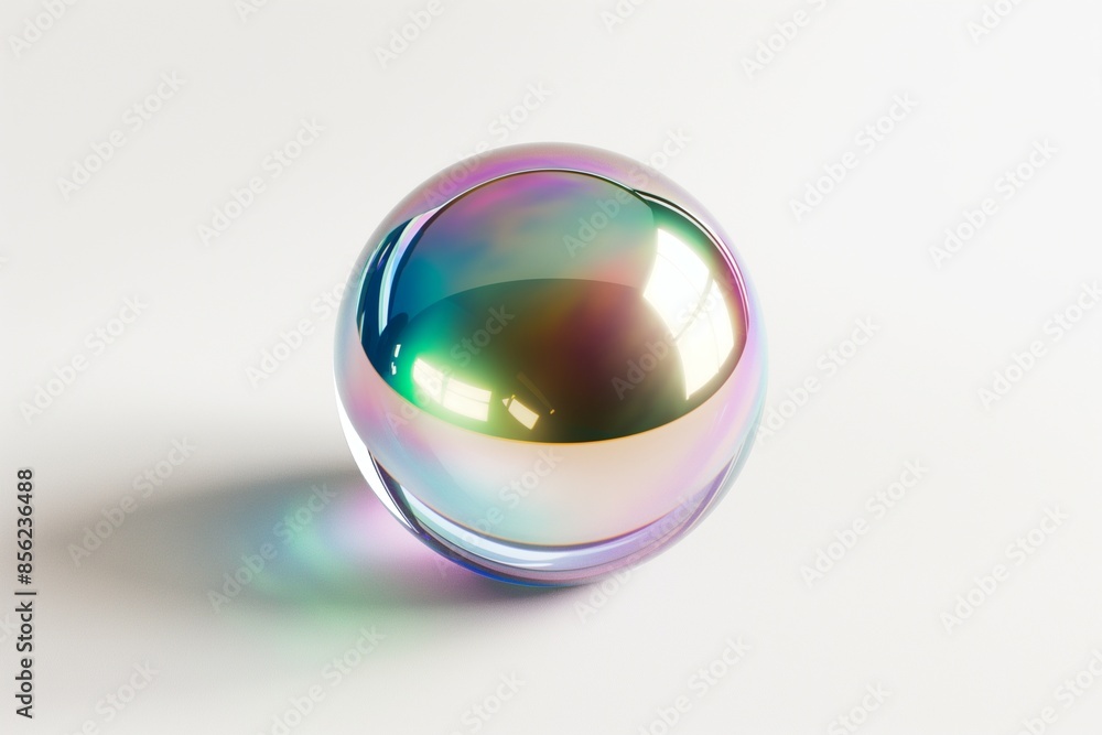 Aufkleber 3d rendering of an iridescent glass sphere floating on a pristine white background, showcasing shimm