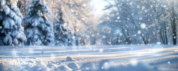 A serene snowy landscape background with soft white snow covering the ground and trees. The texture of the snowflakes and the subtle blue tint create a peaceful winter scene.