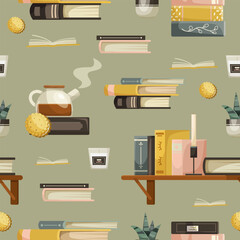 Illustrated pattern showing books, teapot, cookies, plants, and candles on a light green background. Concept for reading and relaxation. Vector illustration