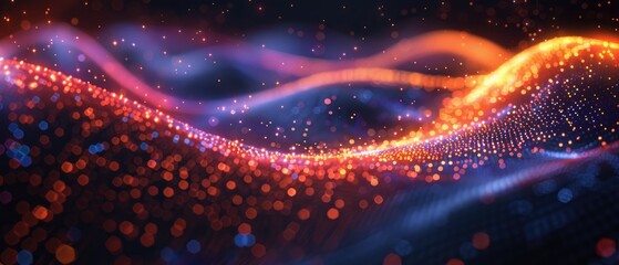 Abstract background with glowing particles and waves in red, orange and blue colors.